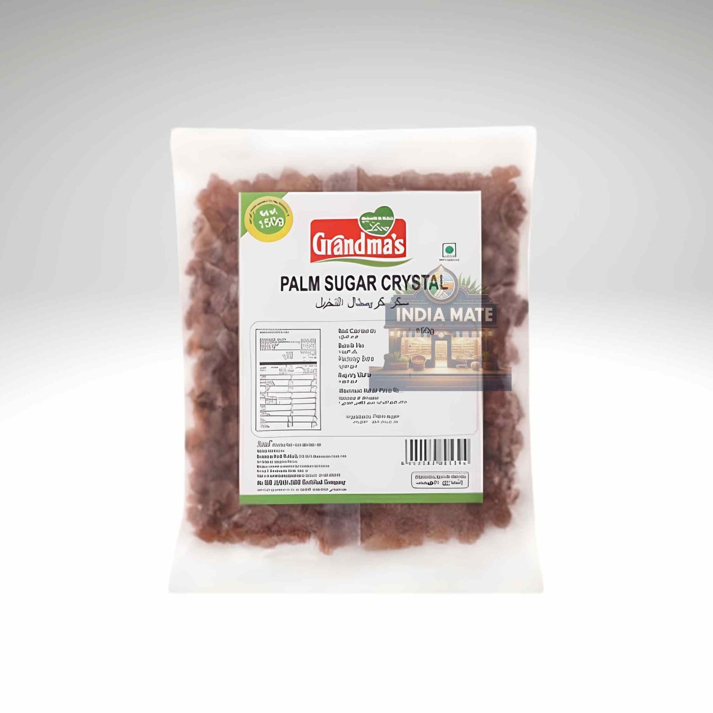 Packaged palm sugar crystals with 'Grandma's' label on a white background
