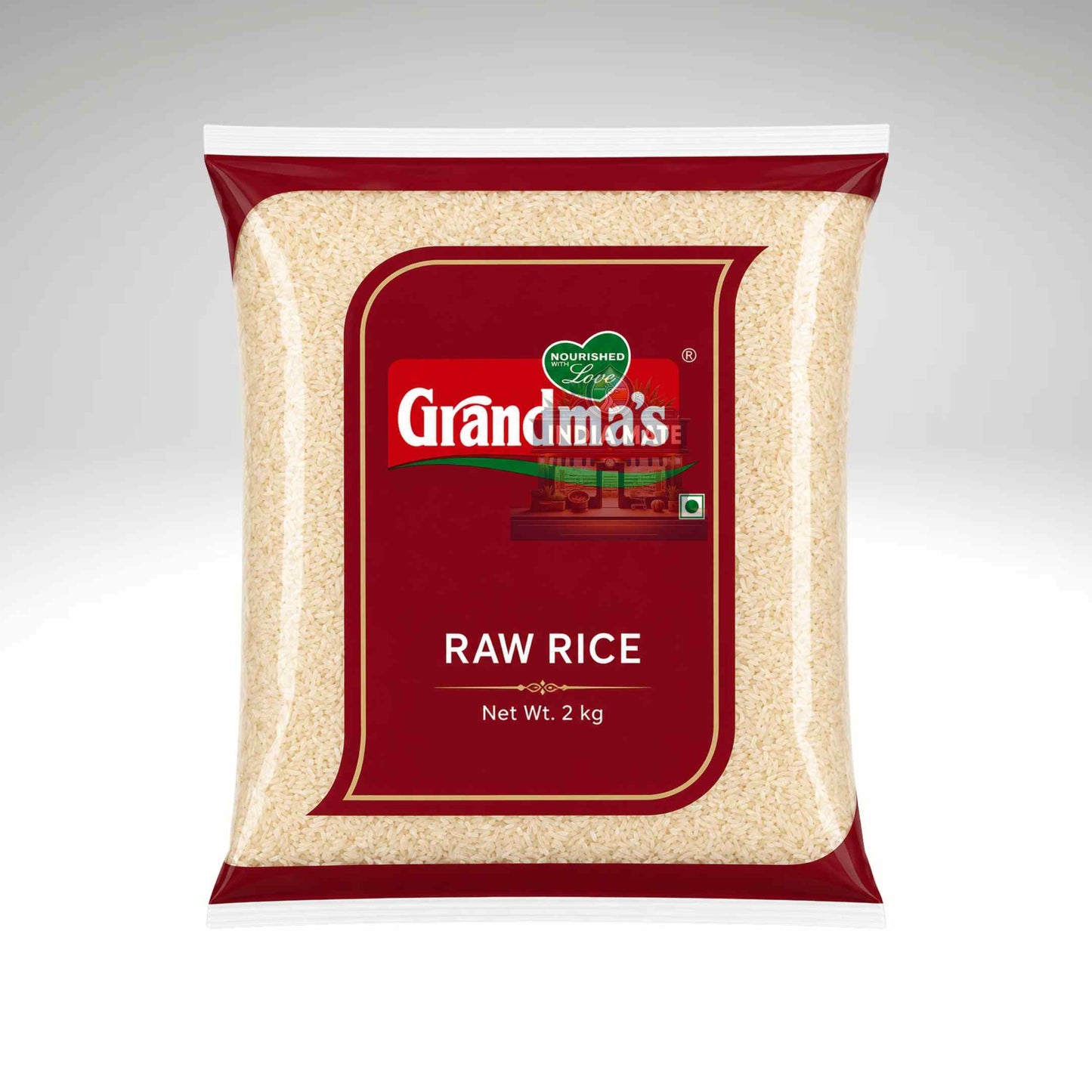 Pack of Grandma's Raw Rice on a gray background