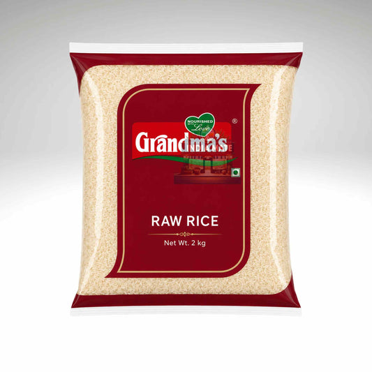 Pack of Grandma's Raw Rice on a gray background