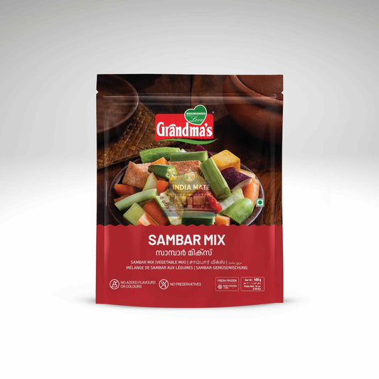 Packaging of Grandma's Sambar Mix with a bowl of sambar on a white background