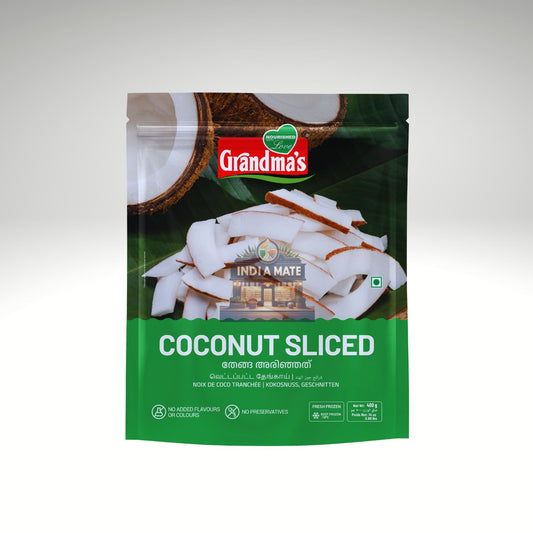 Packaged coconut slices with Grandma's branding on a white background.