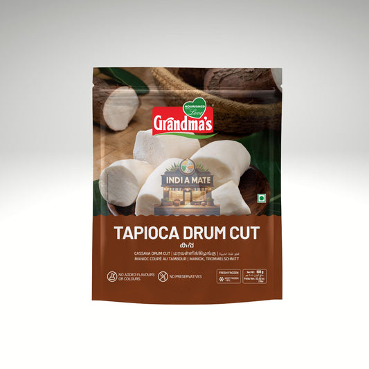 Packaging of Grandmas Tapioca Drum Cut thick kappa pieces fresh pre-cut tapioca on a white background.