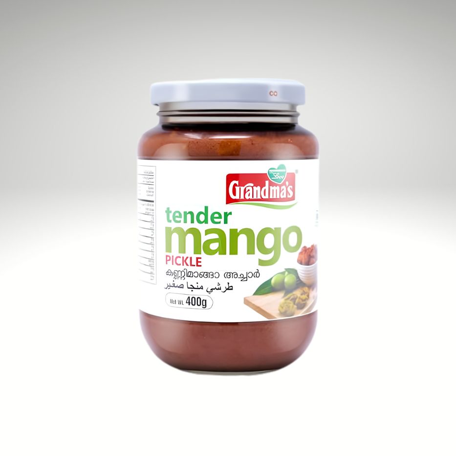 Grandma’s Tender Mango Pickle 400g jar, traditional Indian-style mango pickle made with tender mangoes and spices.
