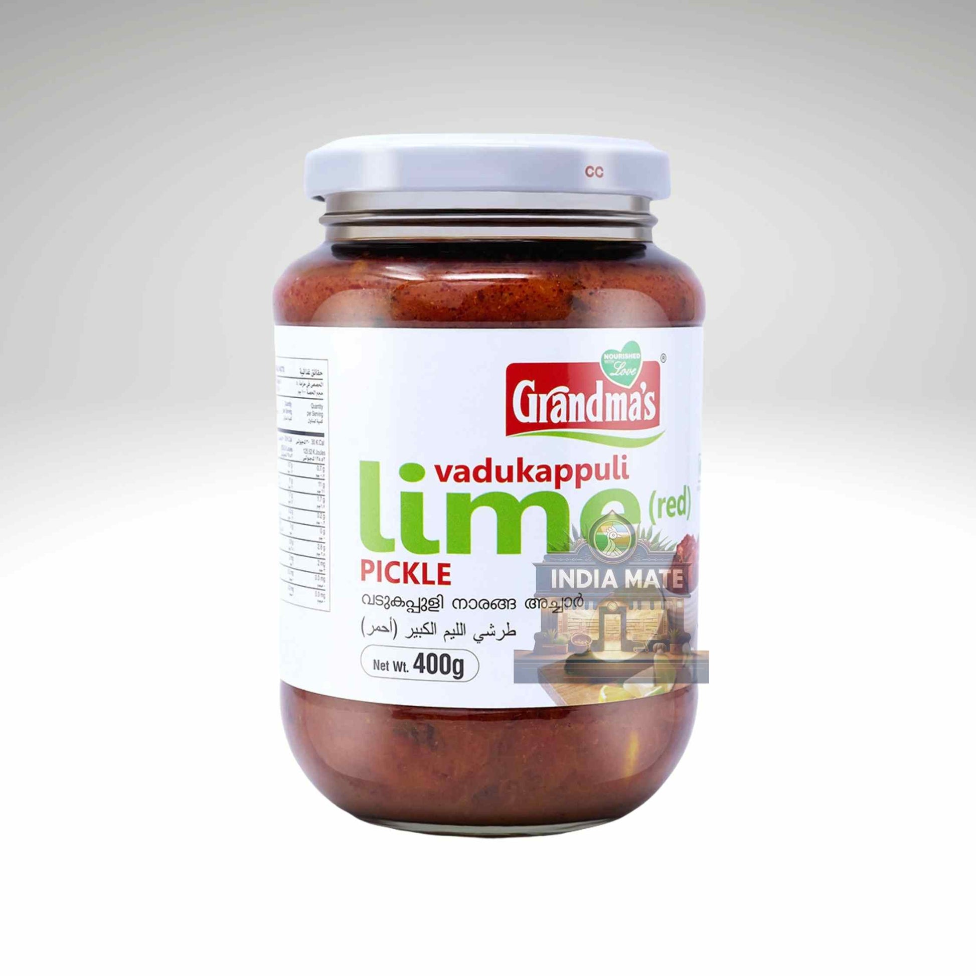Jar of Grandpa's lime pickle with a white label on a light gray background