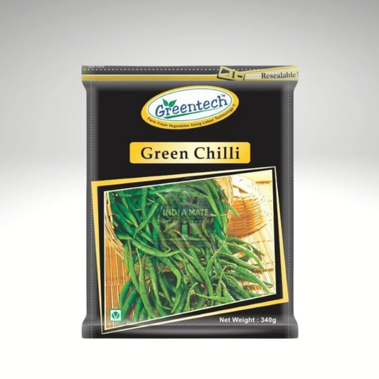 Close-up of Greentech Green Chilli package, displaying fresh, vibrant green chilies suitable for cooking, adding spice and flavour to various dishes.