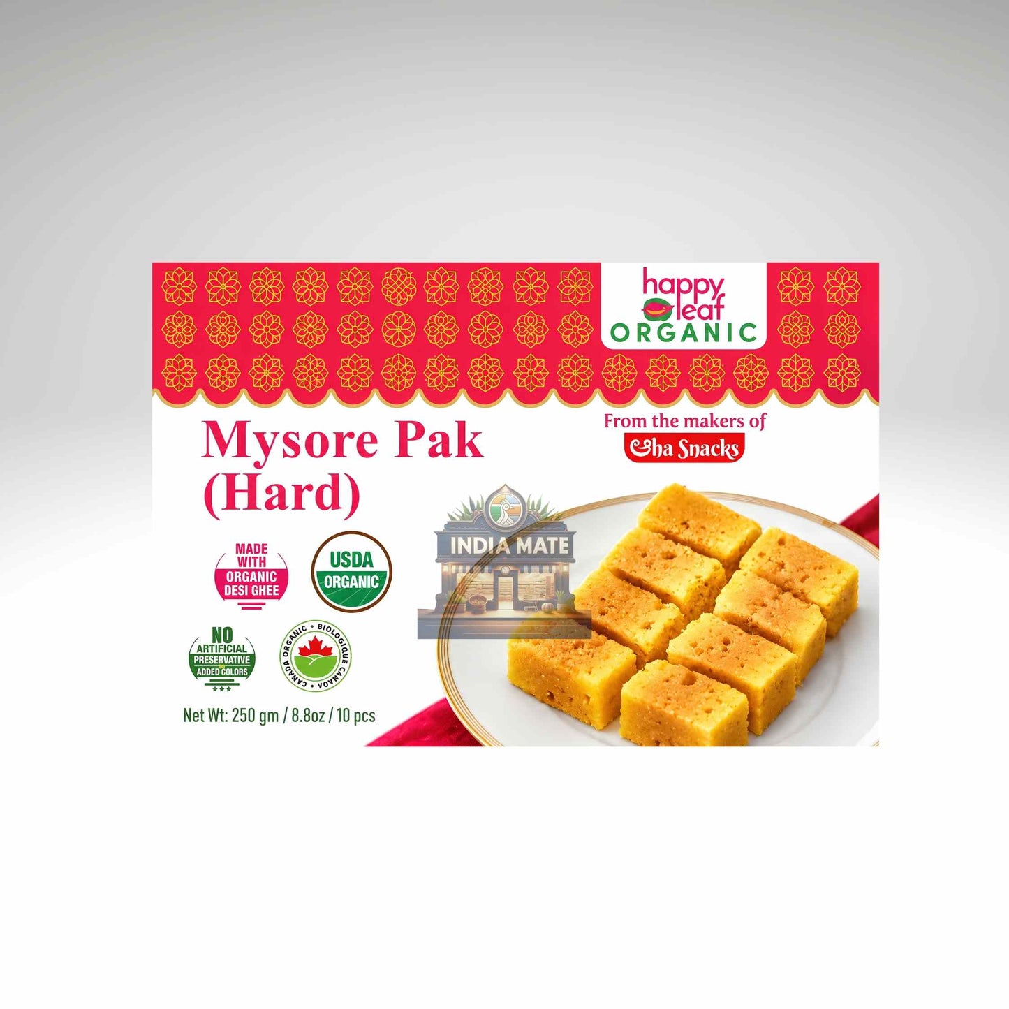 Happy Leaf Organic Mysore Pak packaging with a plate of Mysore Pak on a white background.