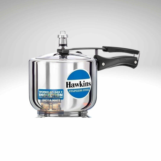 Stainless steel pressure cooker with Hawkins branding on a gray background