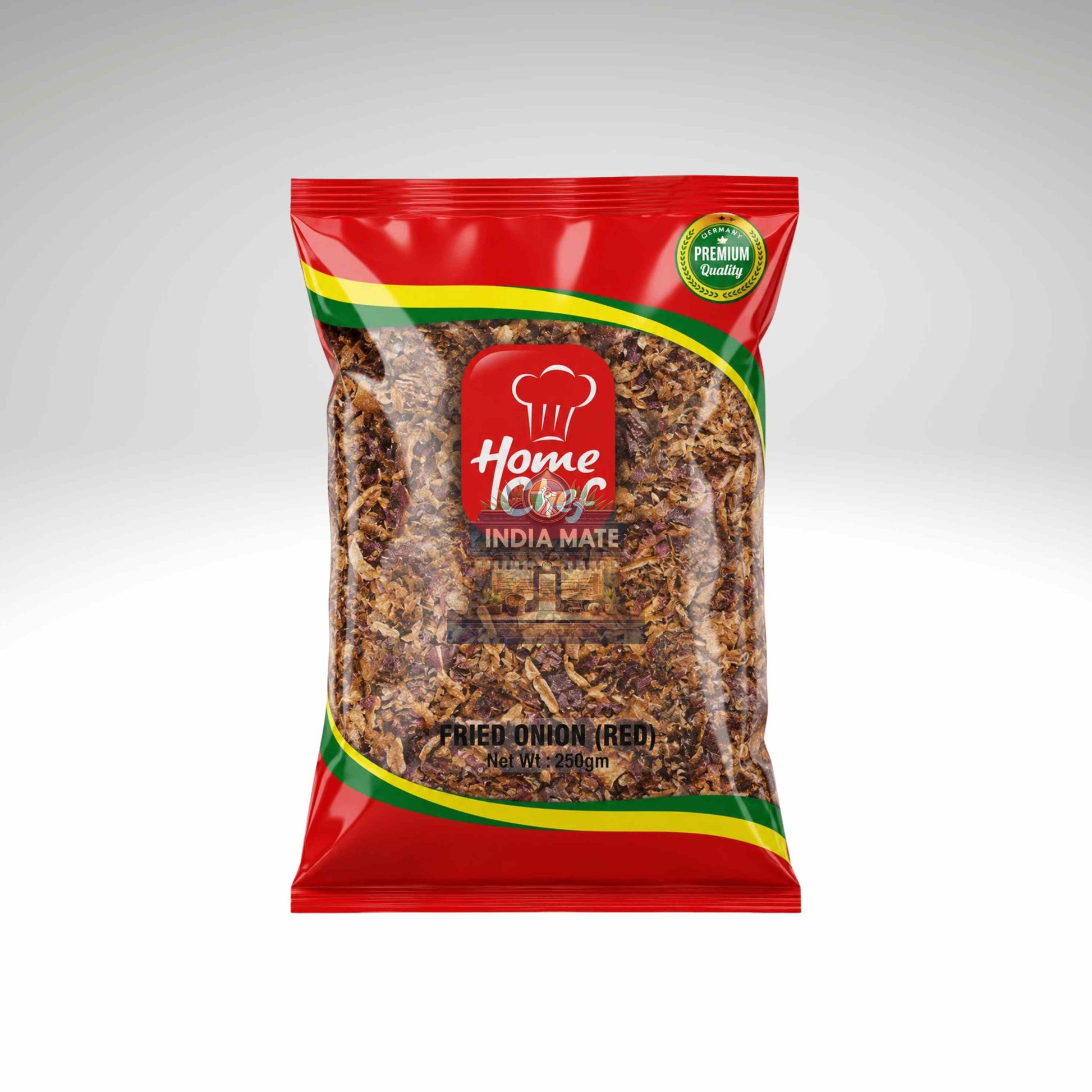 A 100g bag of Home Chef India Mate Fried Onion (Red) snack, featuring a red packaging design with green and yellow accents and a clear window showing the fried onion pieces inside.