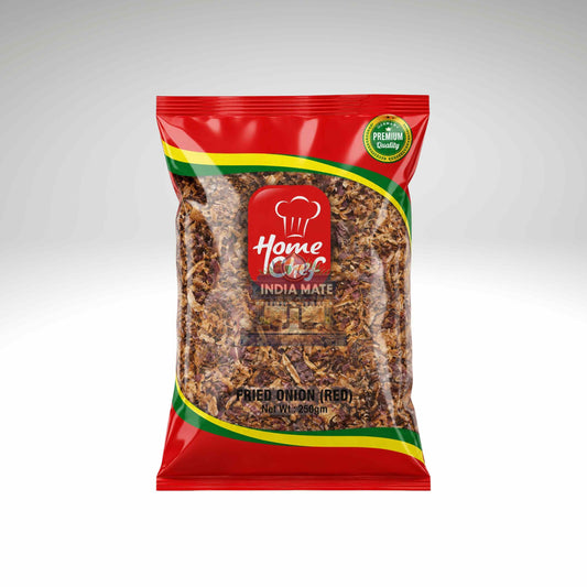A 100g bag of Home Chef India Mate Fried Onion (Red) snack, featuring a red packaging design with green and yellow accents and a clear window showing the fried onion pieces inside.