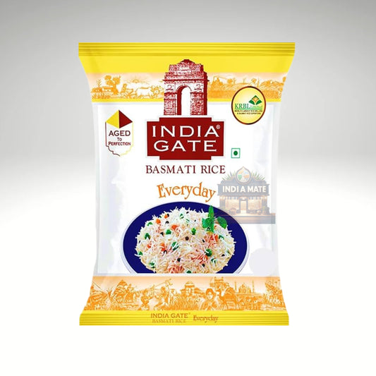 IndiaGate Everyday Basmati Rice, long-grain aromatic rice packaged in a vibrant bag, ideal for cooking fragrant biryanis, pulaos, and everyday meals.