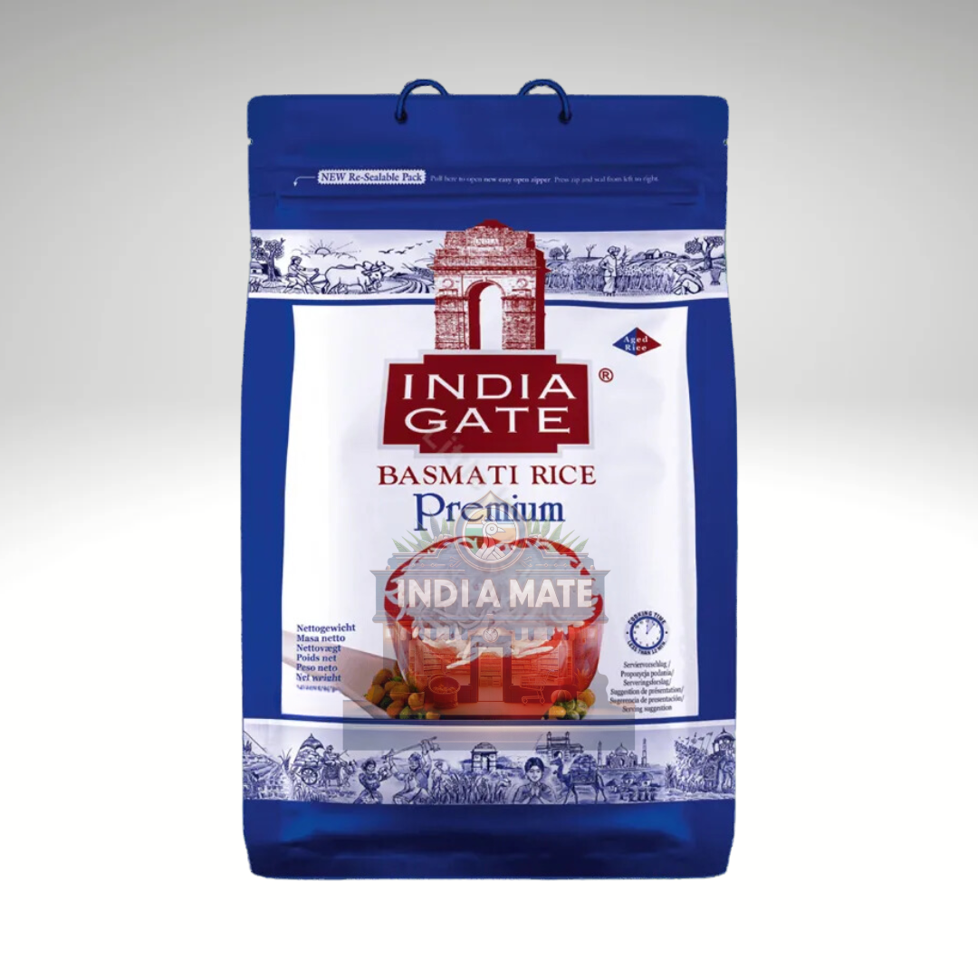 India Gate Premium Basmati Rice, long-grain aromatic rice known for its quality and authentic Indian flavour.