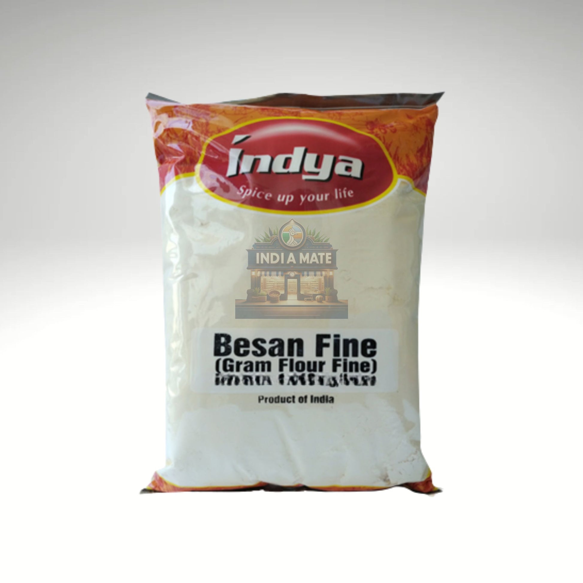 Bag of Indya brand gram flour on a white background