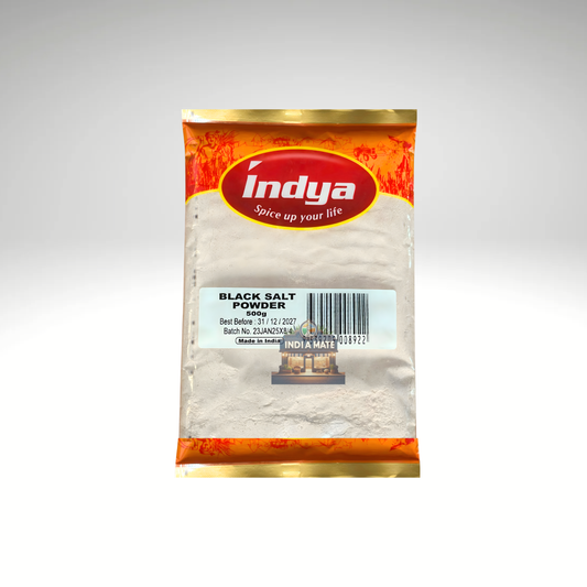 Indya Black Salt Powder (Kala Namak) – Fine Himalayan rock salt for cooking and seasoning, available at IndiaMate.