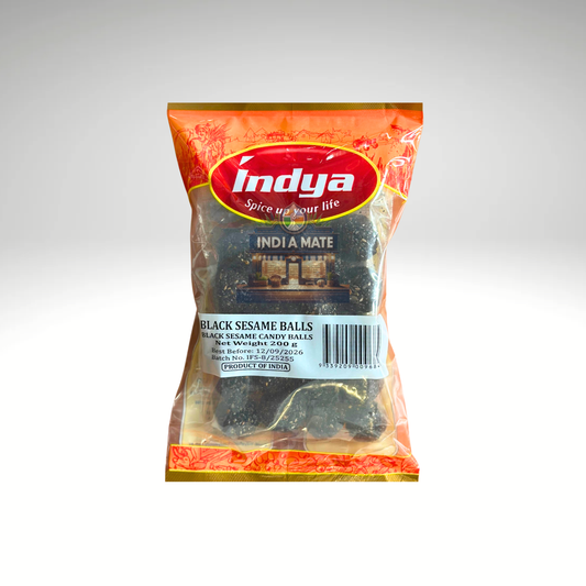 Indya Black Sesame Balls (Ellunda) – Sweet and crunchy Indian snack made with black sesame seeds and jaggery, available at IndiaMate.