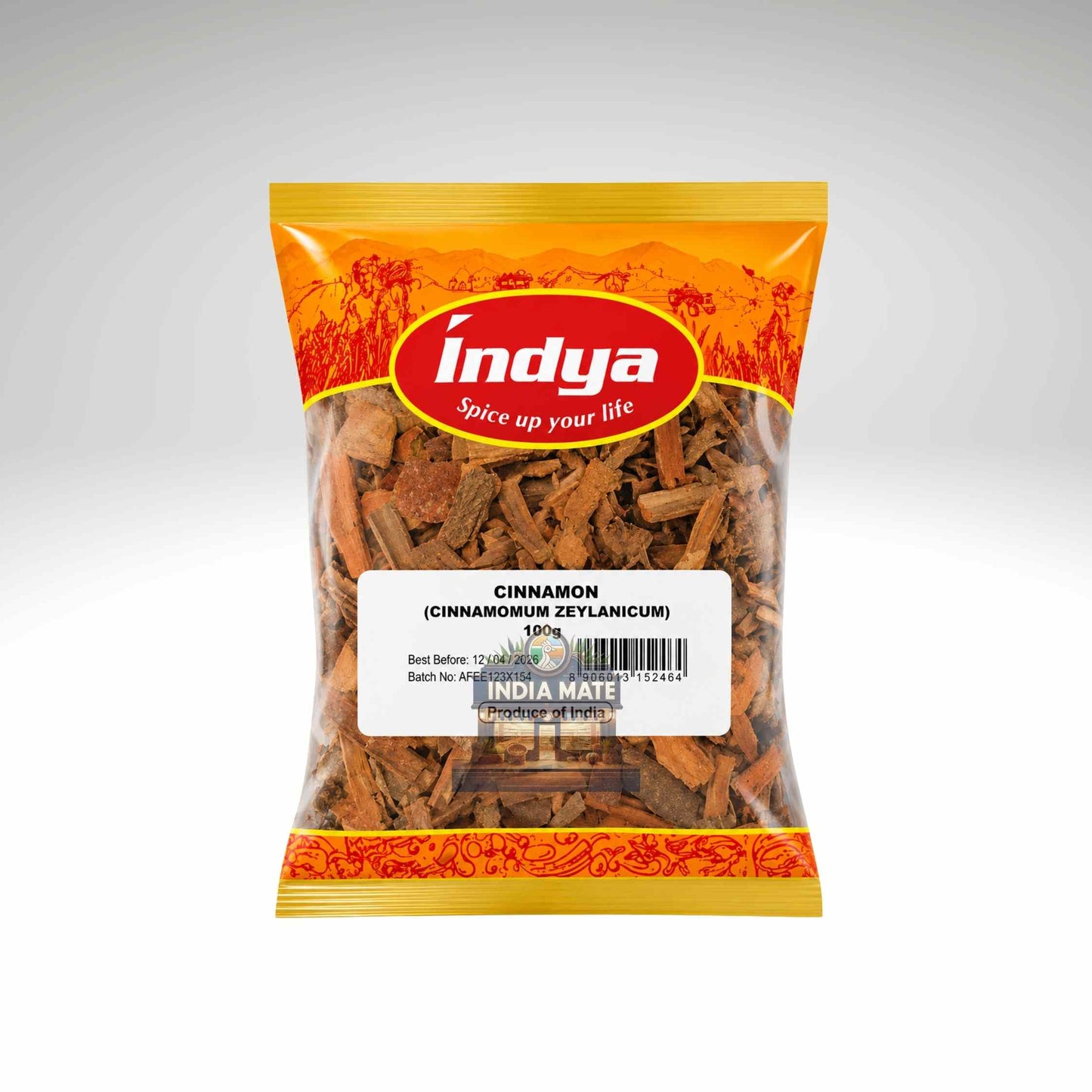 Packaged cinnamon sticks in an Indya branded bag on a white background.