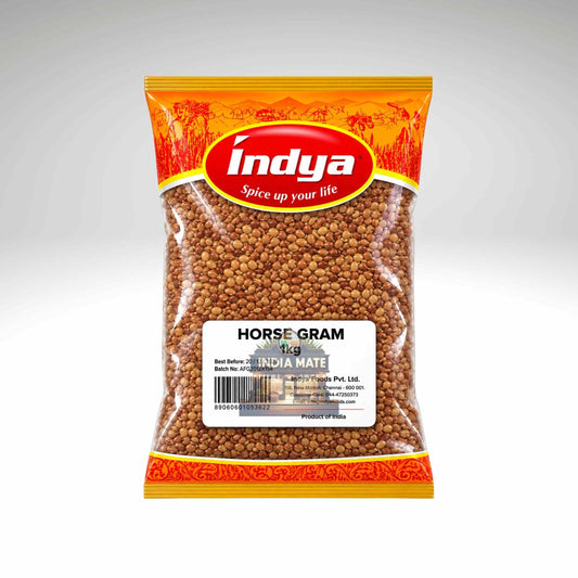 Indya brand package of horse gram on a white background.