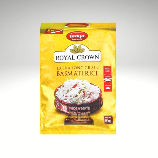 Indya Royal Crown Long Grain Basmati Rice – Premium aromatic long-grain basmati rice available at IndiaMate.