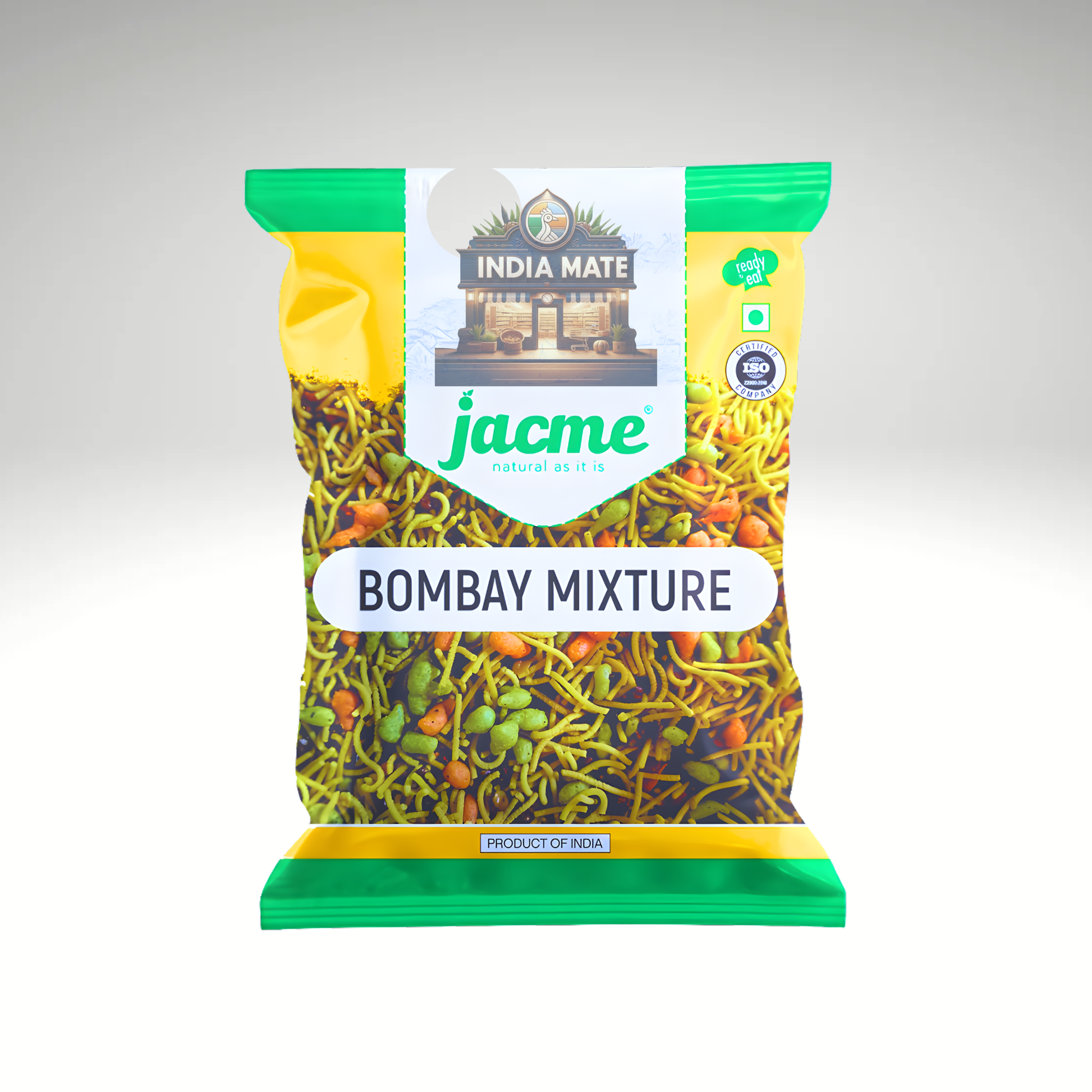 Jacme Bombay Mixture – a crunchy mix of sev, lentils, peanuts, and spices. A perfect spicy snack for anytime enjoyment. Available at IndiaMate now.