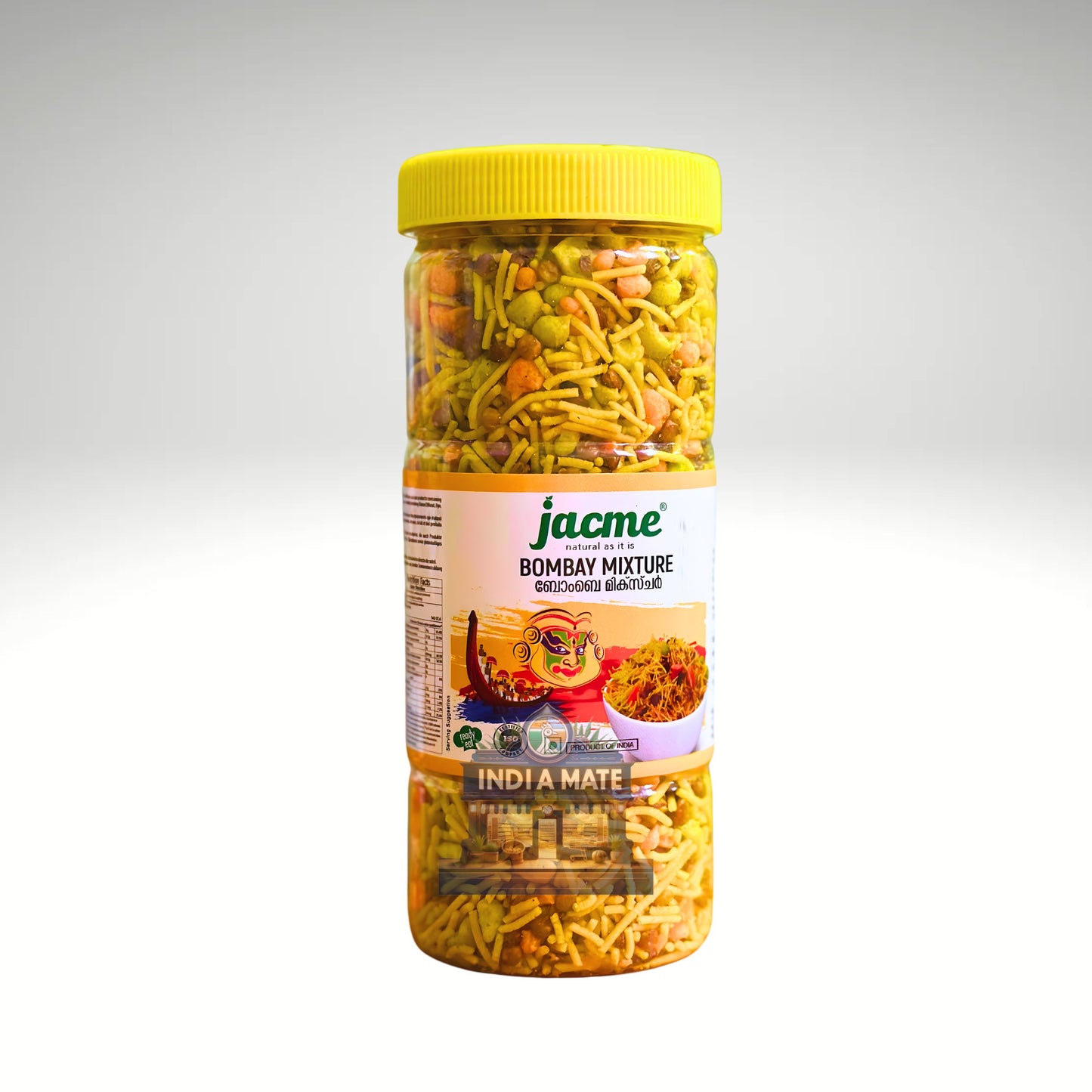 Jacme Bombay Mixture – a crunchy mix of sev, lentils, peanuts, and spices. A perfect spicy snack for anytime enjoyment. Available at IndiaMate.