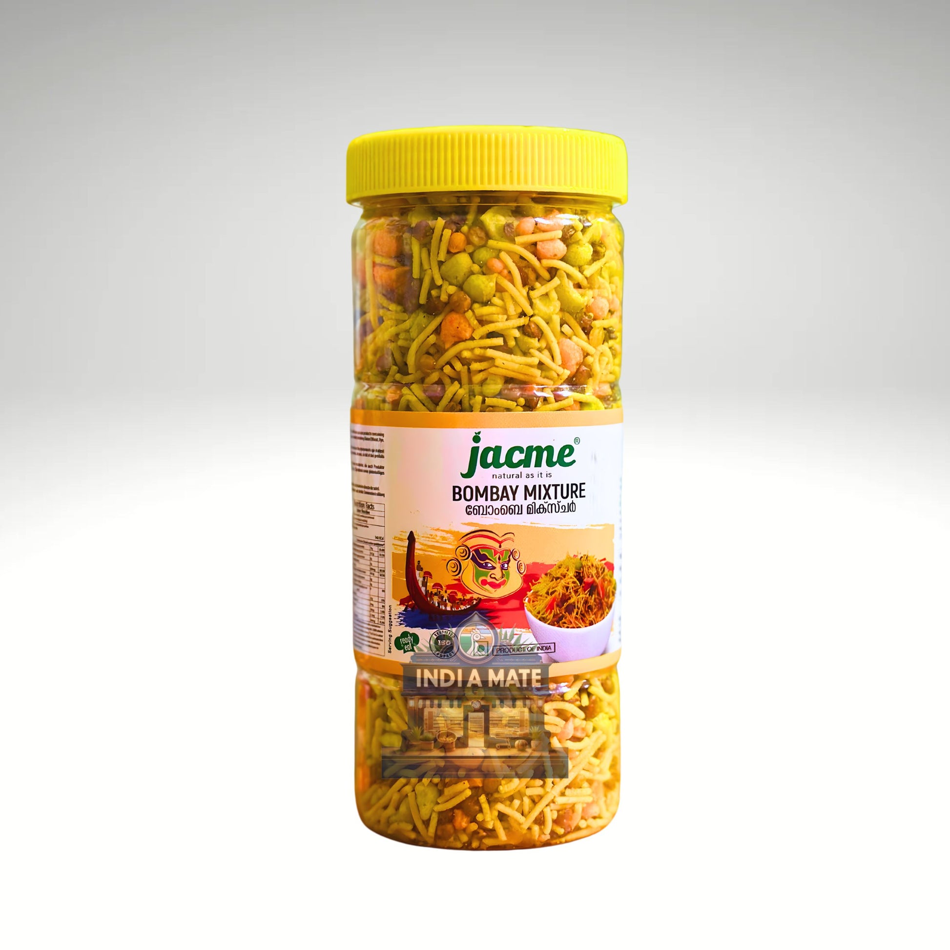 Jacme Bombay Mixture – a crunchy mix of sev, lentils, peanuts, and spices. A perfect spicy snack for anytime enjoyment. Available at IndiaMate.