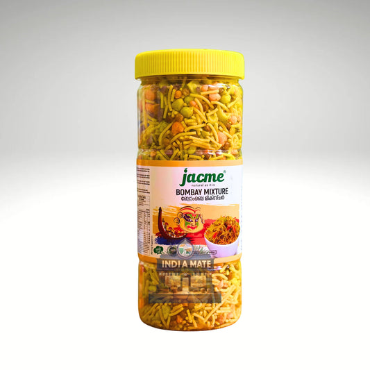 Jacme Bombay Mixture – a crunchy mix of sev, lentils, peanuts, and spices. A perfect spicy snack for anytime enjoyment. Available at IndiaMate.