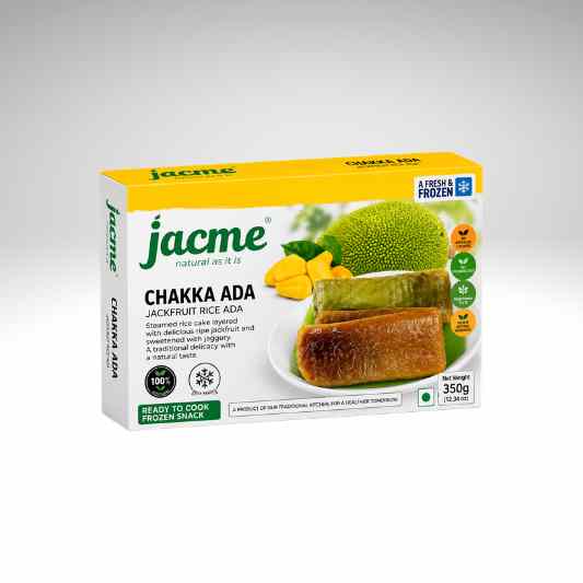A 350g box of Jacme Chakka Ada (Jackfruit Ada) on a light gray gradient background. The packaging features a bright yellow top, green branding, and an illustration of the prepared food on a white plate.