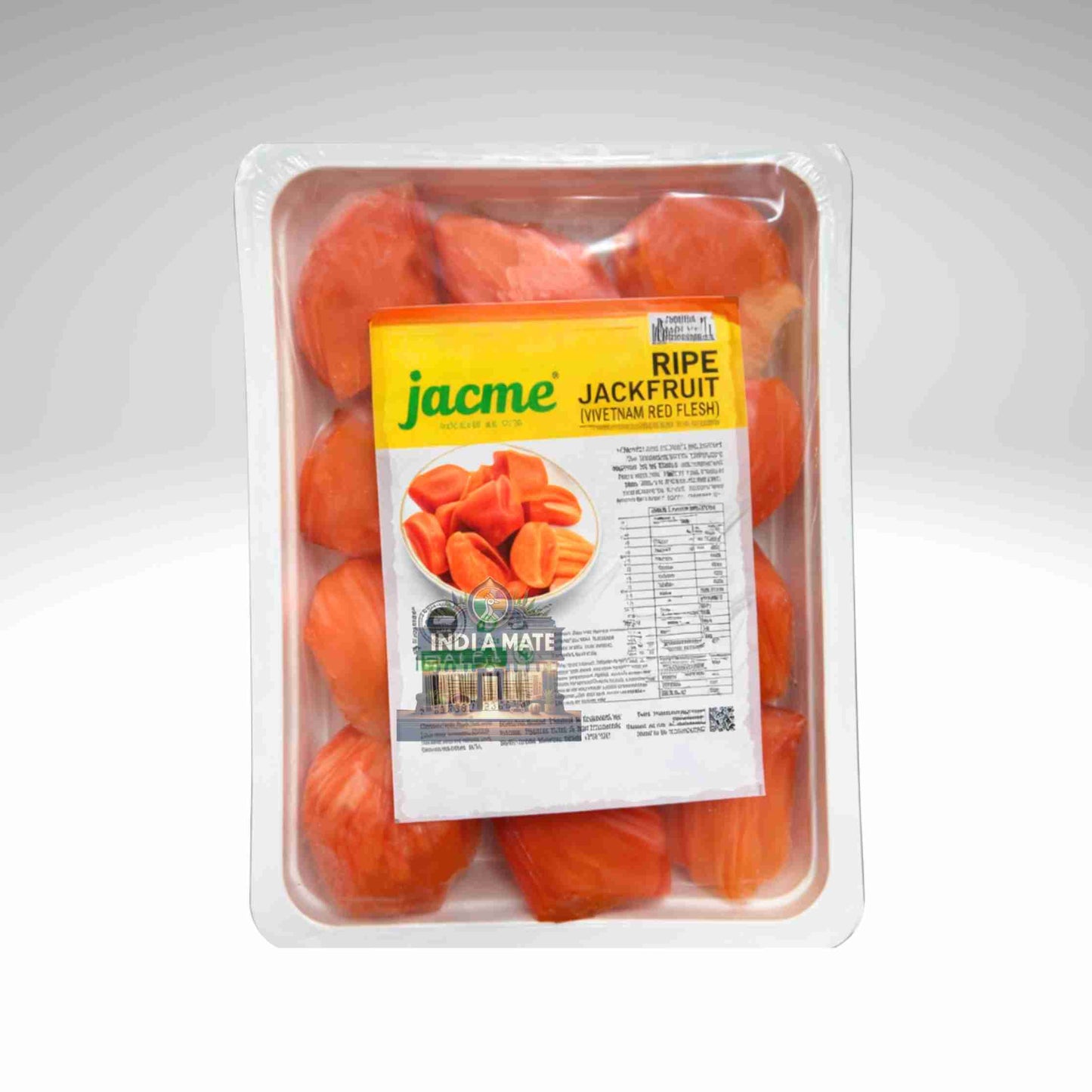 Packaged ripe jred ackfruit with Jacme branding on a white background.