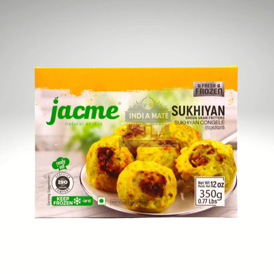 Jacme Sukhiyan packaging with a plate of yellow dumplings on a gray background