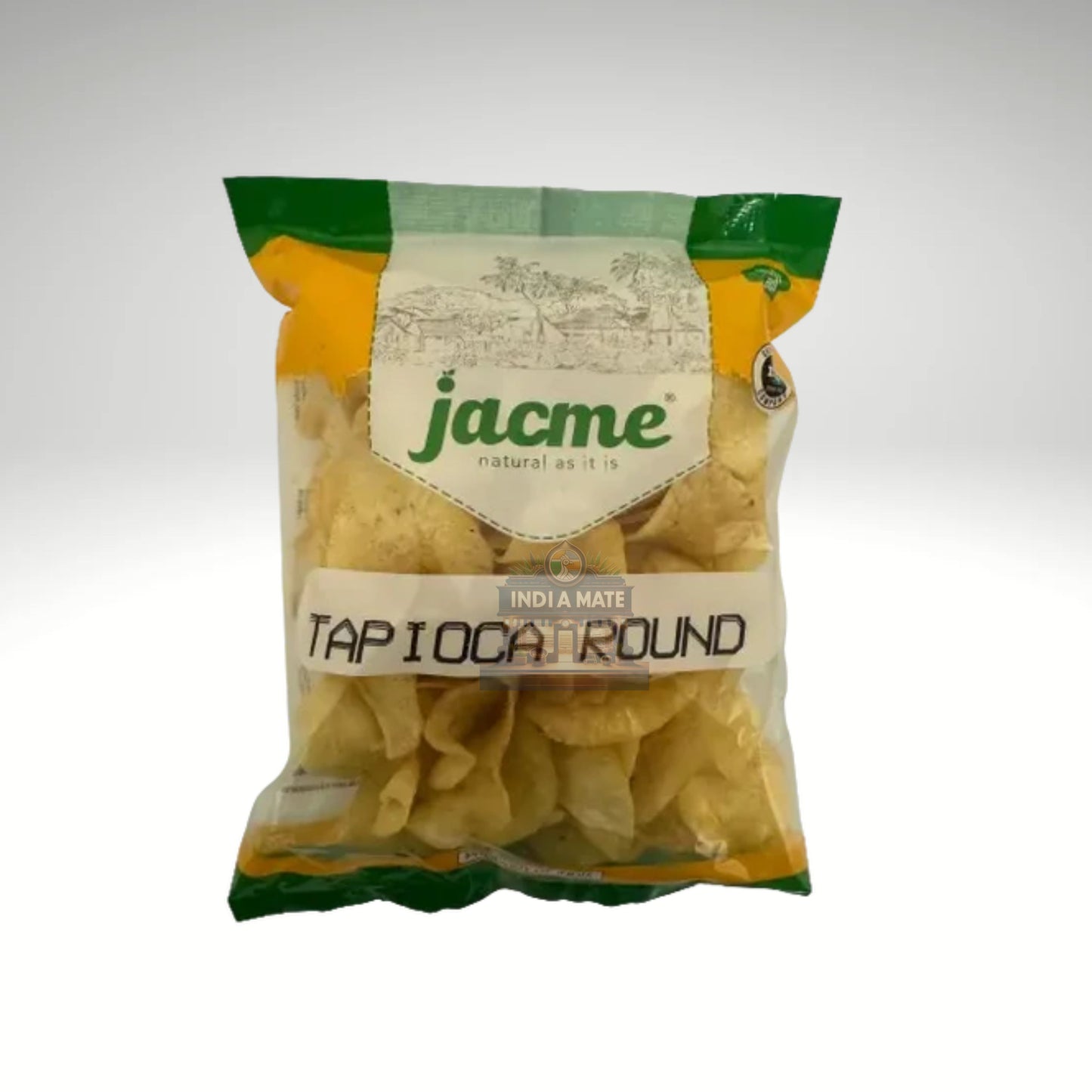 A pack of Jacme Plain Tapioca Chips – traditional Kerala-style tapioca chips with a light salt seasoning, available at Indiamate.