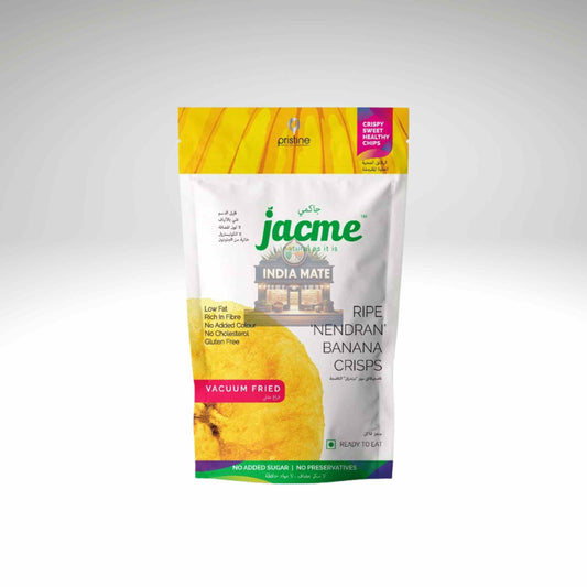 Jacme Vacuum Fried Ripe Banana Chips on white background.