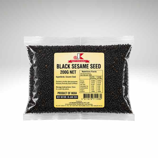 A clear plastic bag filled with black sesame seeds, featuring a large cream-colored label with red and black text. The label reads 'JK BLACK SESAME SEED 200G NET.