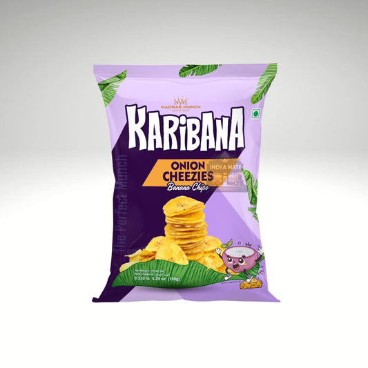 Karibana Onion Cheezies Banana Chips – Crispy banana chips with savory onion and cheese flavor, available at IndiaMate.