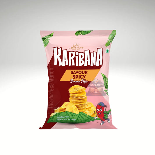 Karibana Savour Spicy Banana Chips – Crispy banana chips infused with spicy seasonings, available at IndiaMate.