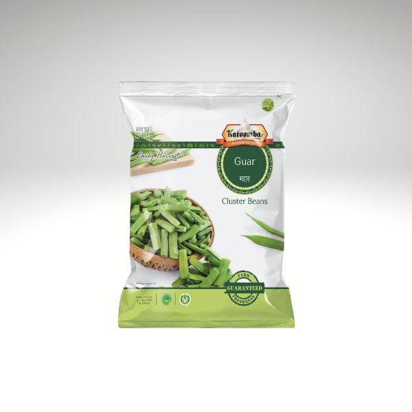 A package of katoomba Guvar Cluster Beans, featuring a white and green bag with a photo of green beans in a bowl, set against a light grey gradient background.