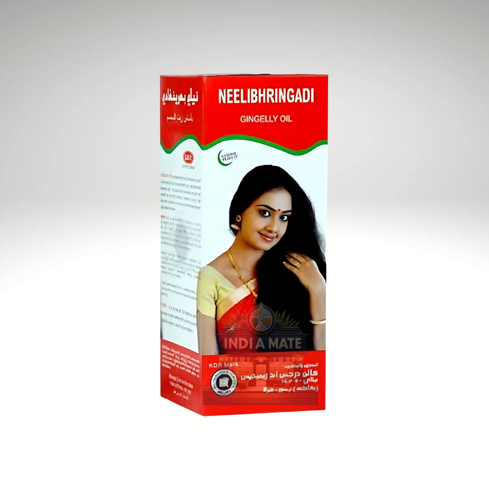 Box of Neelibhringadi Gingelly Oil with a woman's face on a white background