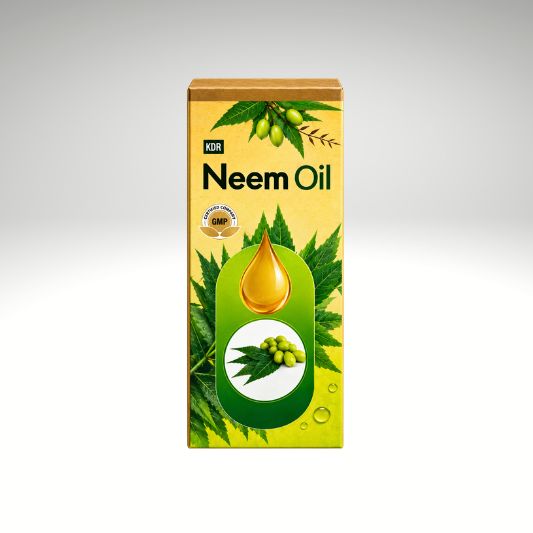 A rectangular box of Neem Oil with a yellow background, green leaf illustrations, and a large green-and-gold droplet graphic on the front. The box is centered on a light gray gradient background.