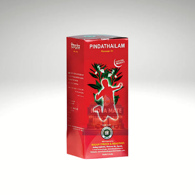 Red box of Pindathailam massage oil on a gray background