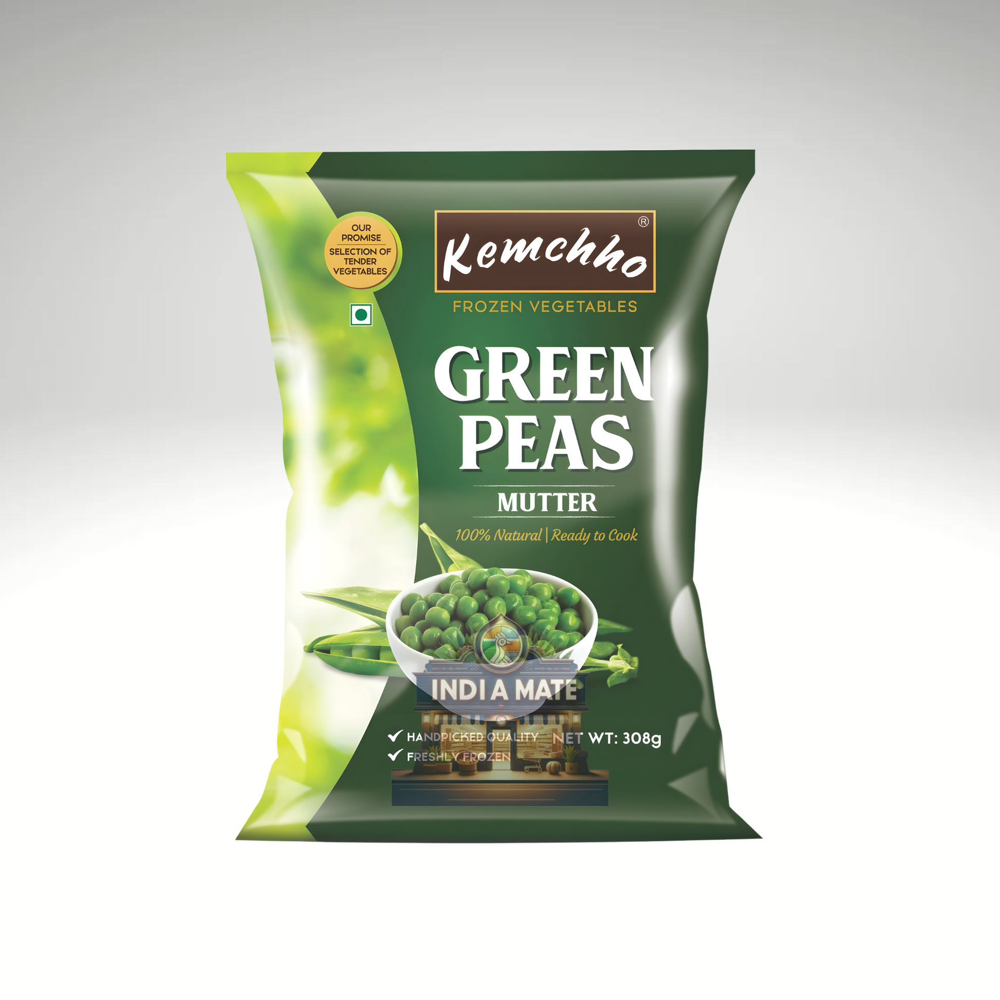 Kemchho Frozen Green Peas – Fresh, tender frozen peas for cooking, available at IndiaMate.