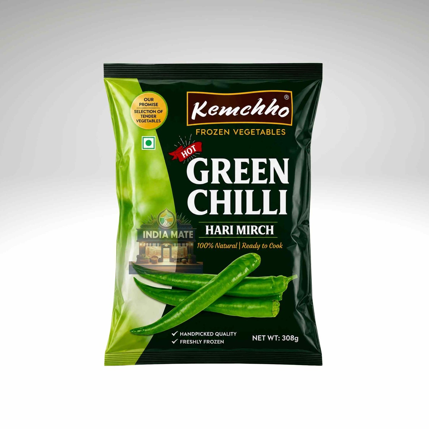 Kemchho green chili package on a white background