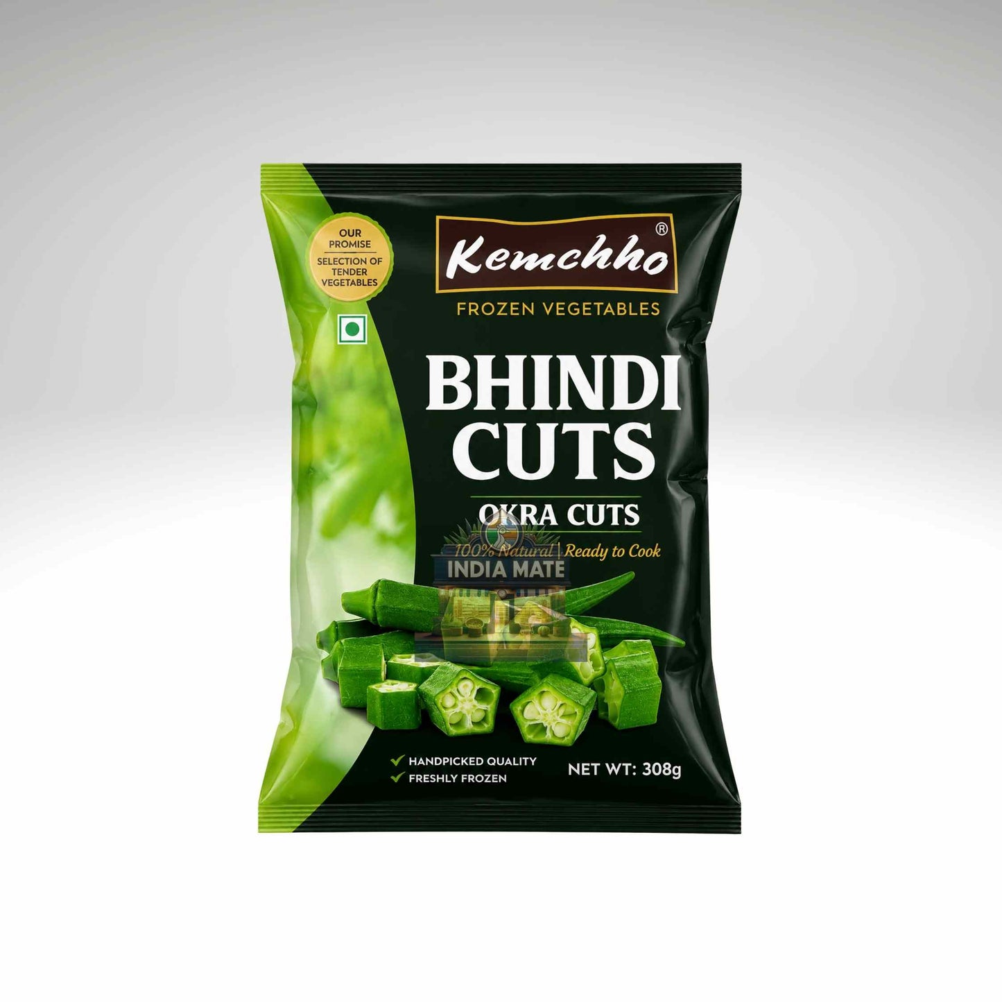Packaged frozen okra cuts with Kemchho branding on a white background