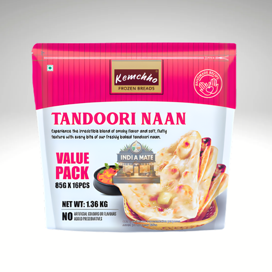 Kemcho Tandoori Naan packaging on a gray background.