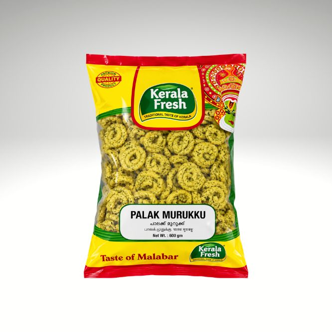 A 600g bag of Kerala Fresh Palak Murukku, featuring yellow and red packaging with a clear window showing the coiled fried snacks inside, set against a neutral gray gradient background.
