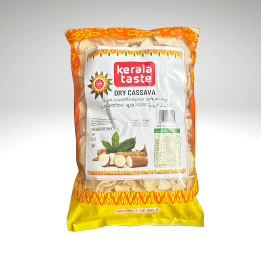 Packaged Kerala Taste dry cassava on a white background