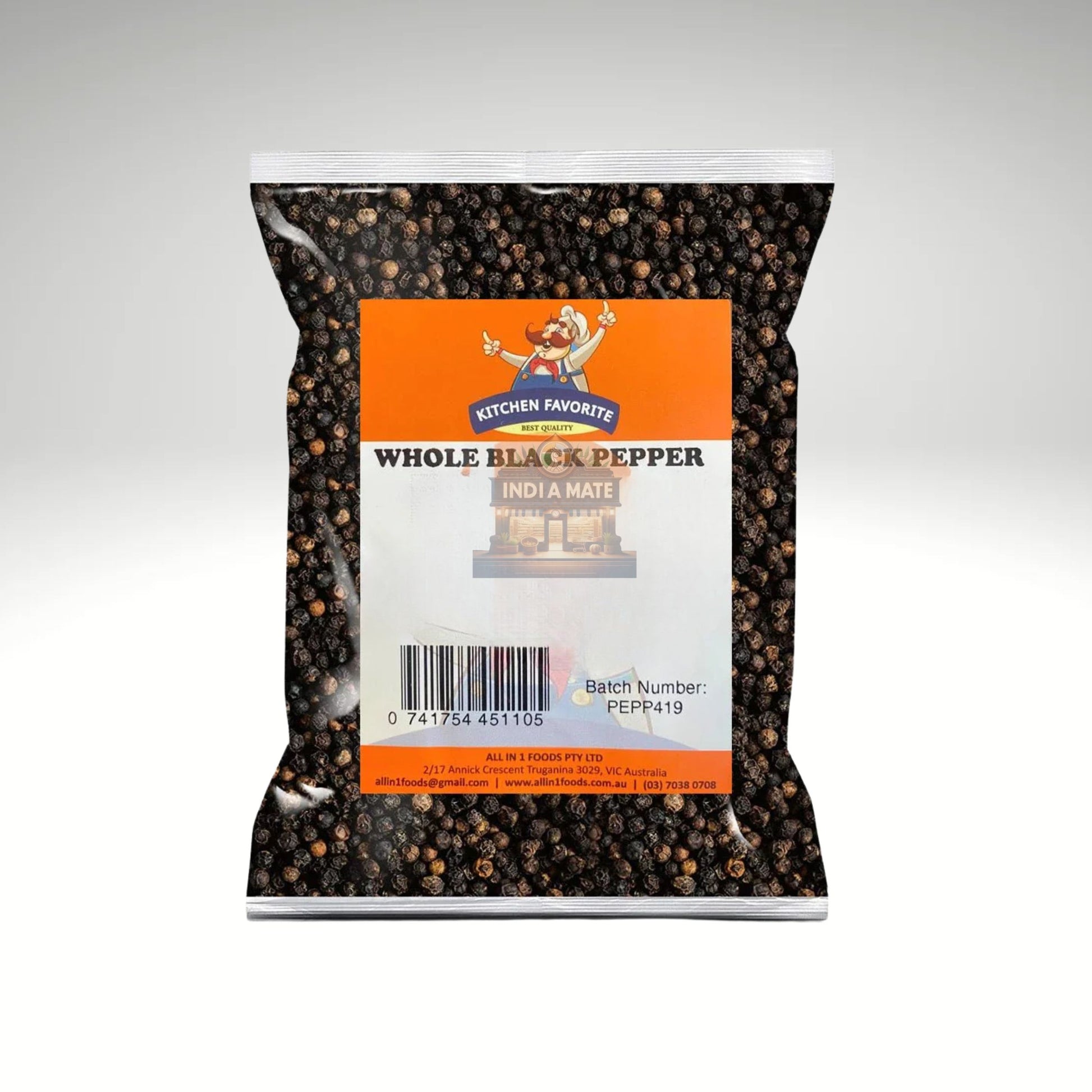 Kitchen Favorite Black Pepper packaging with premium whole black peppercorns for rich flavour and aroma.