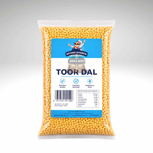 Packaged yellow lentils with a blue label on a white background