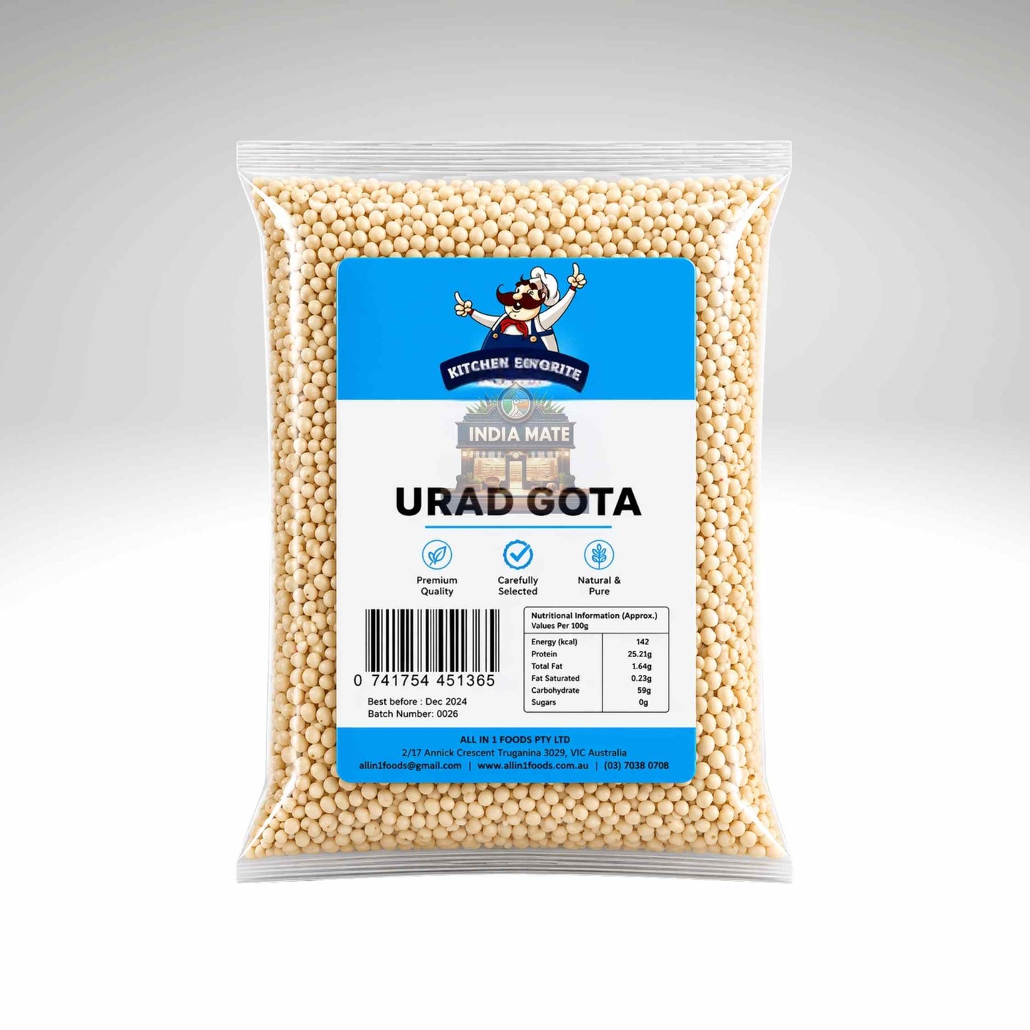 Package of Urad Gota with 'Kitchen Connoisseurs' label on a gray background