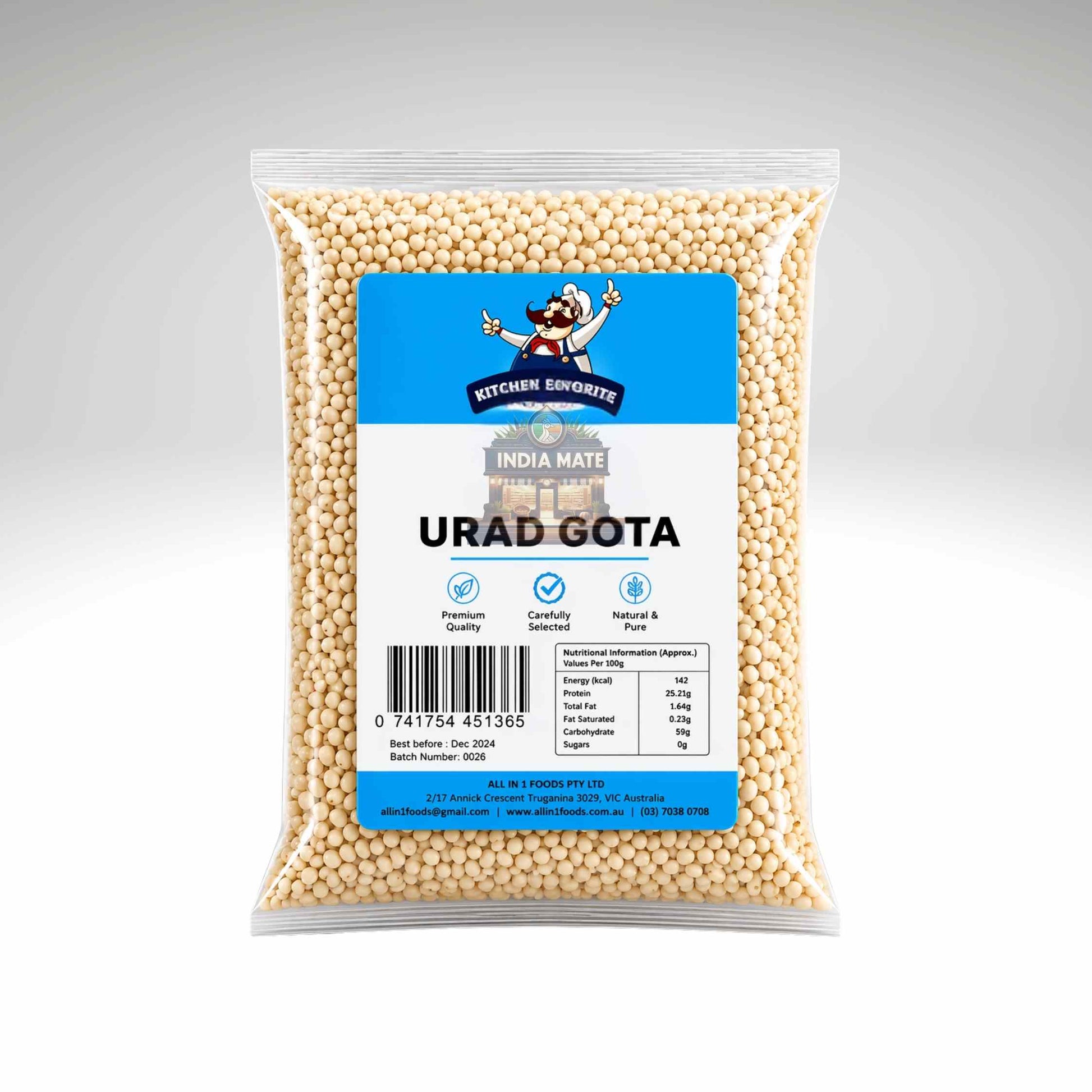 Package of Urad Gota with 'Kitchen Connoisseurs' label on a gray background