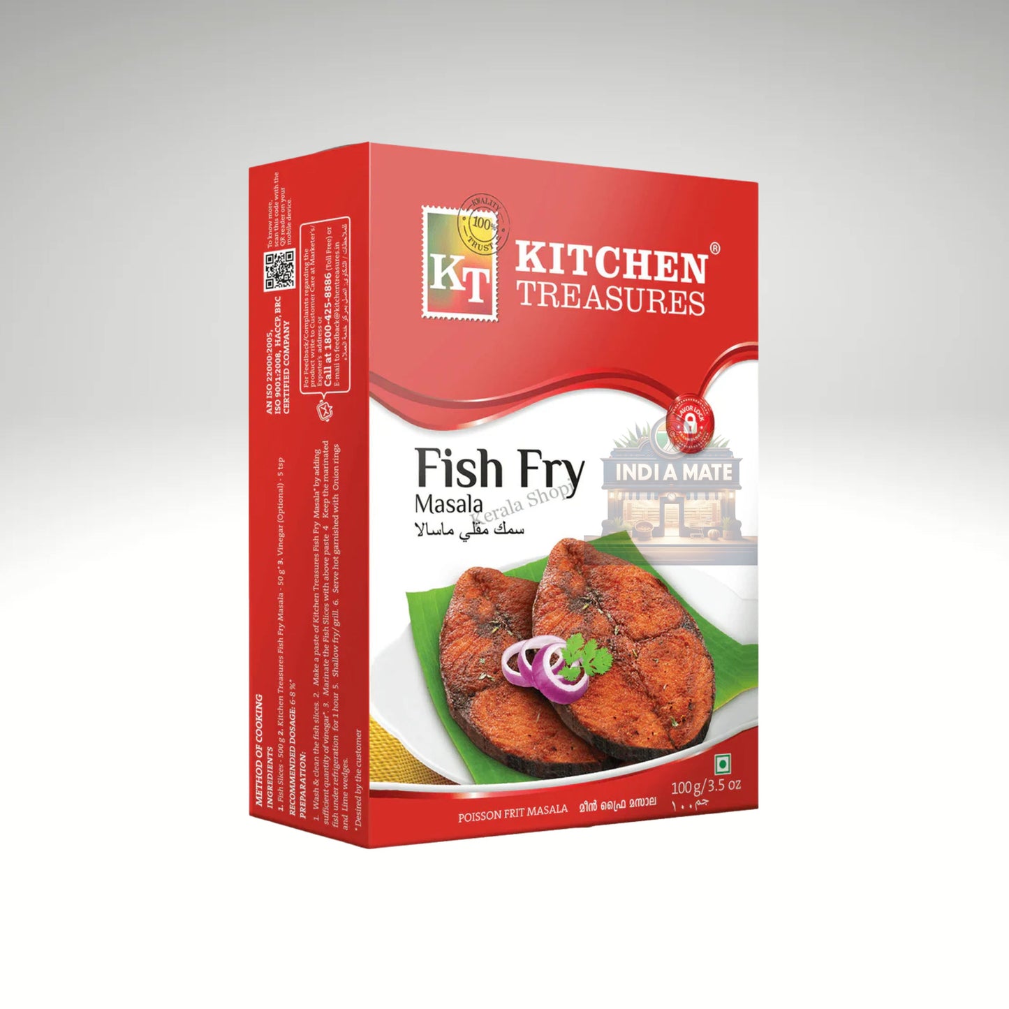 Kitchen Treasures Fish Fry Masala, a flavorful spice blend specifically designed for frying fish, packed in an attractive pouch for easy use.