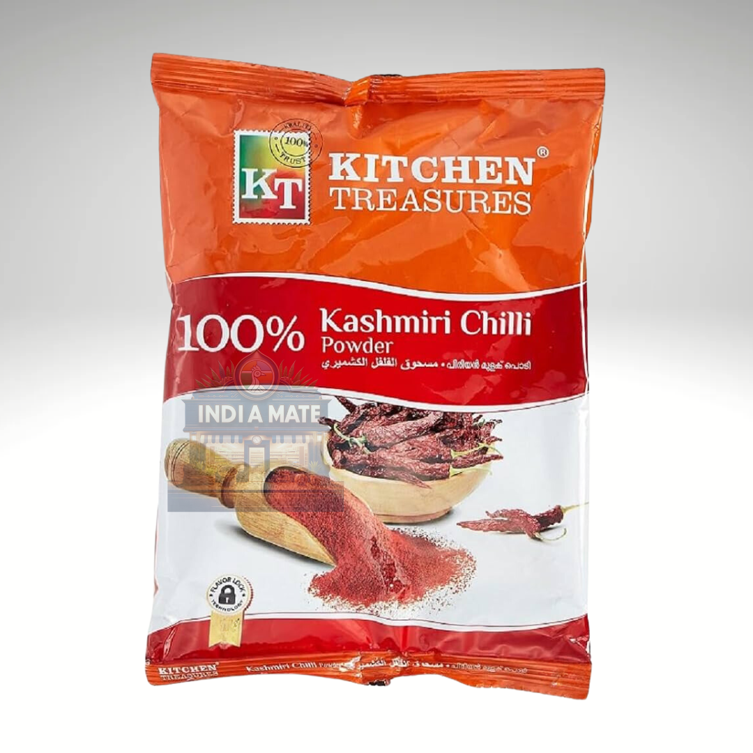 Kitchen Treasures Kashmiri Chilli Powder, vibrant red chilli powder for mild heat and rich colour in Indian dishes, in branded packaging with product details.