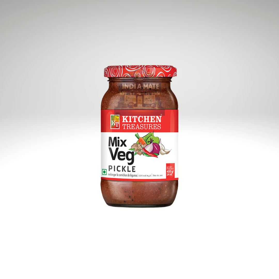 Jar of Kitchen Treasures Mix Veg Pickle on a white background